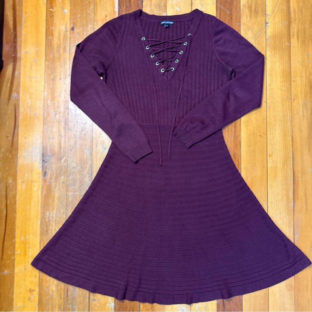 Nina Leonard Burgundy Lace Up Skater Sweater Dress Size L